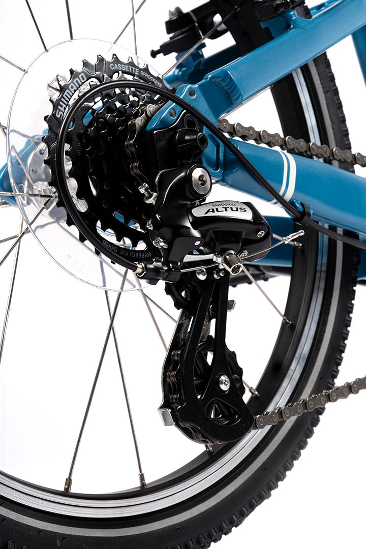 vélo 20 pouces bleu gibus cycles - gros plan dérailleur 7 vitesses