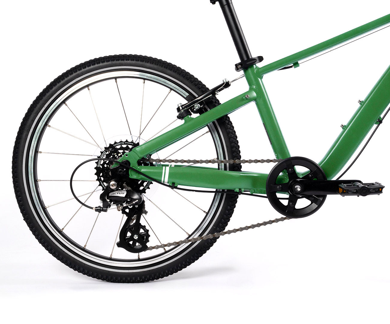 vélo 20 pouces vert gibus cycles - gros plan transmission pédalier dérailleur