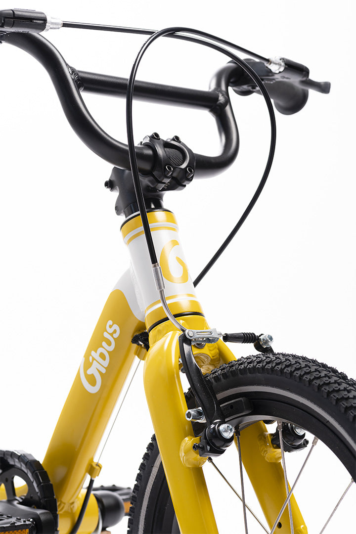 vélo 14 pouces jaune - gros plan fourche avant